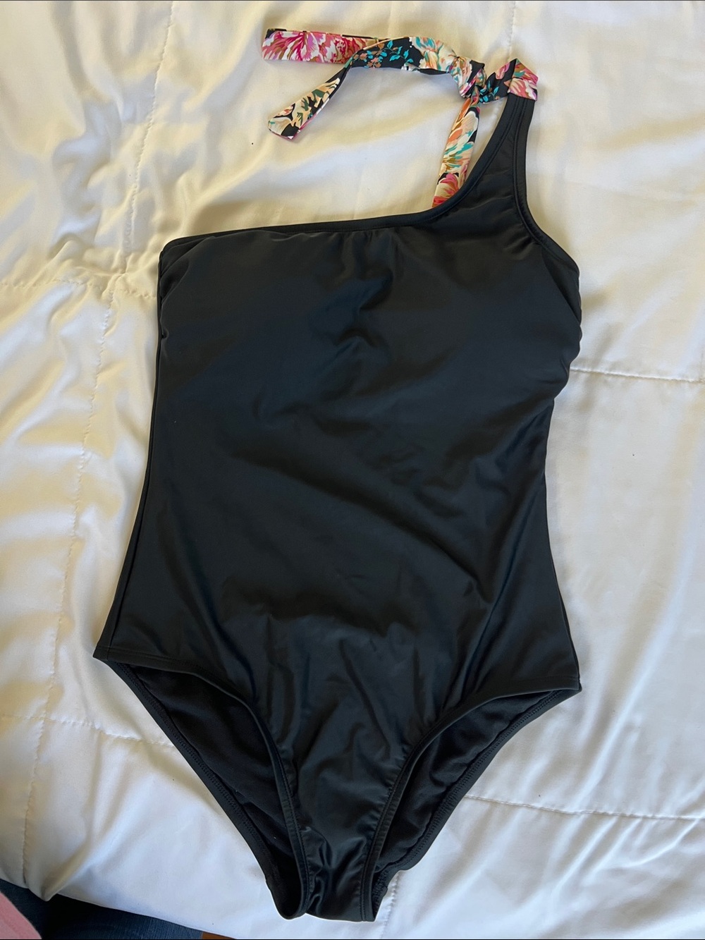 Kona Sol Black One-Shoulder Kids One-Piece with Floral Tie